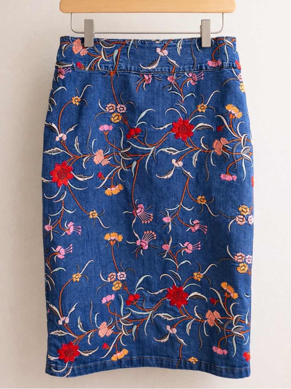 Maeve Anthropologie Embroidered Denim Skirt Floral Blue Midi S